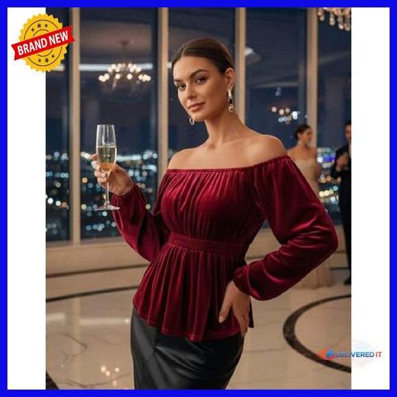 Velvet Off Shoulder Peplum Blouse Long Sleeve Elegant Evening Top - Picture 4 of 8